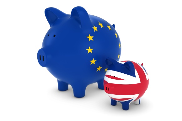 EU Flag and UK Flag Piggybanks Exchange Rate Concept 3D Illustration